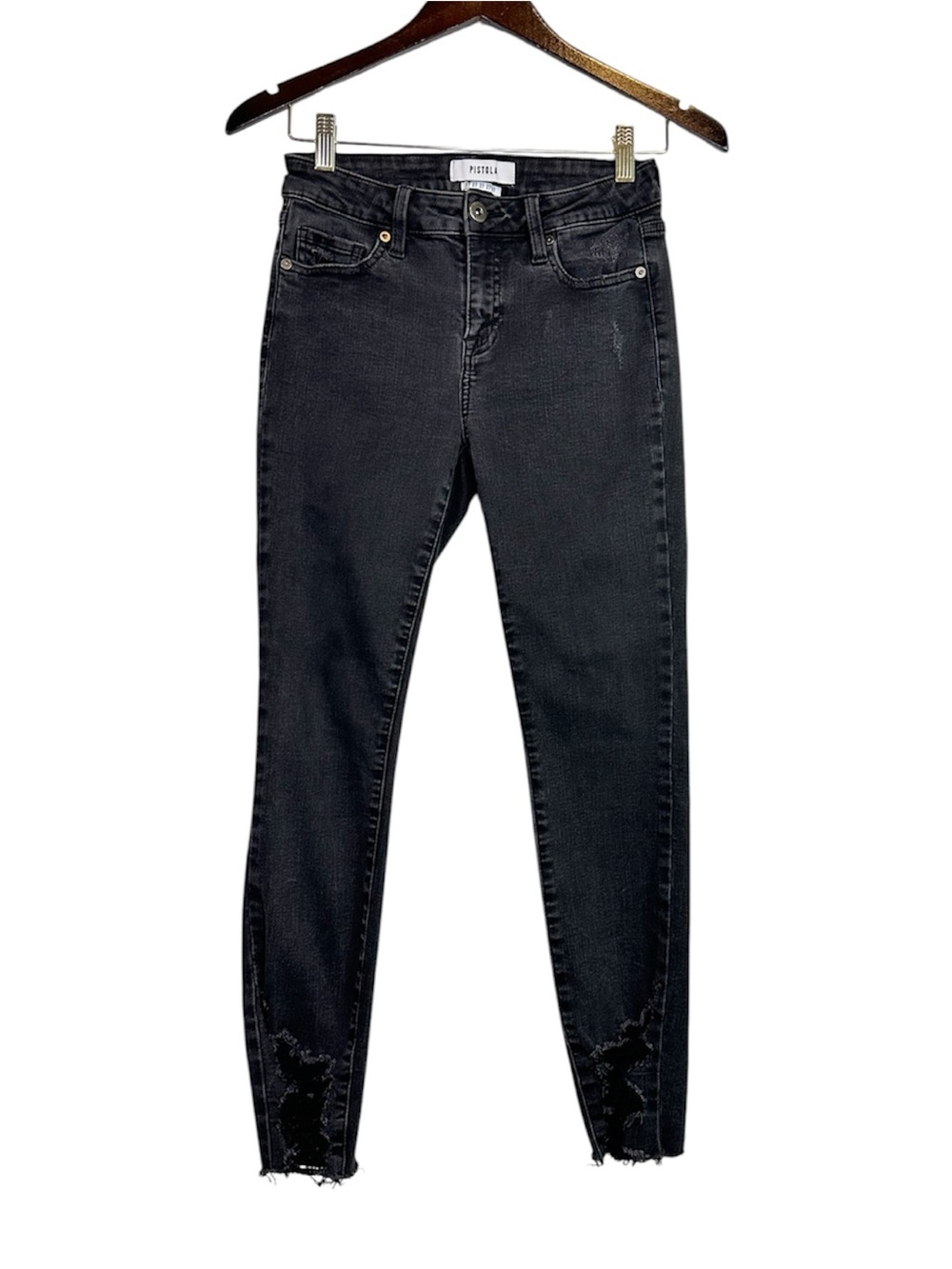 Pistola Classic Mid Rise Distressed Black Wash Raw Hem Skinny Jeans Size 27